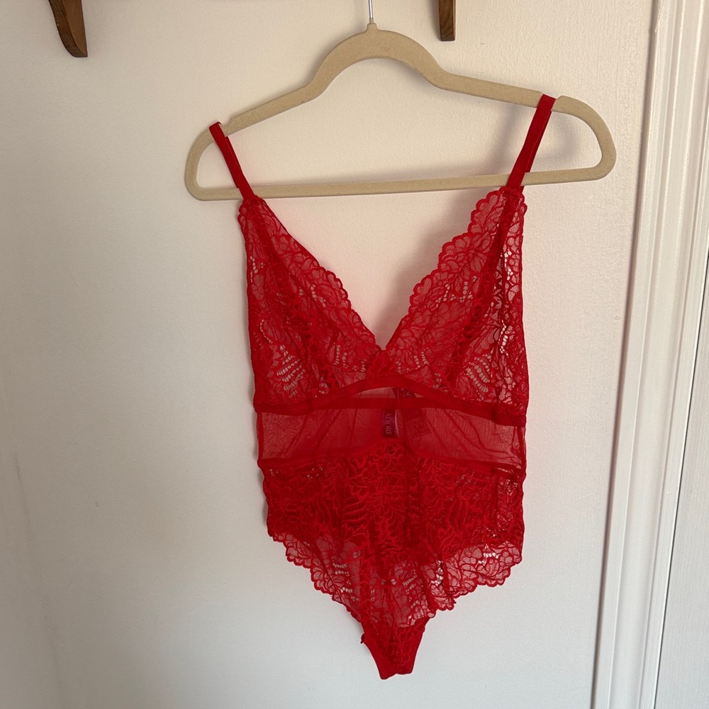 Adore Me Red Lace Chemise with Scalloped Trim